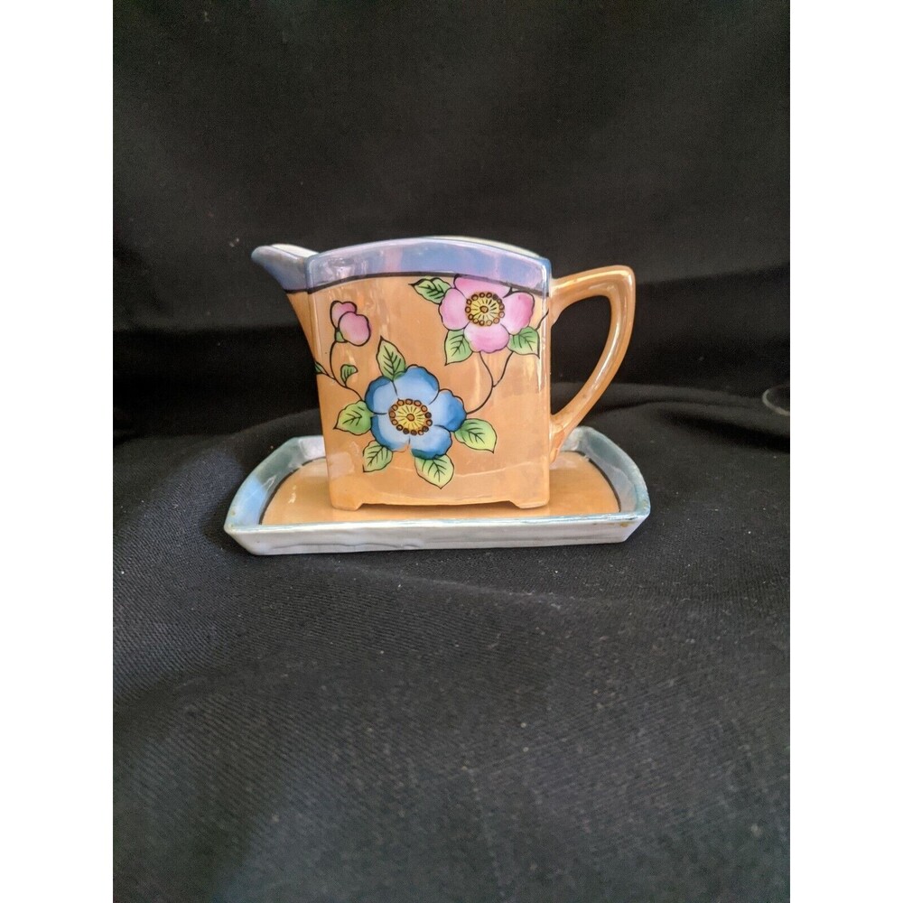 Art Deco Floral Creamer Tray Blue Yellow Peach Luster Japan Vintage painted